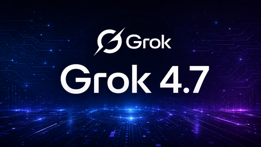 Grok 4.7, logo et nom du modèle flagship de xAI sur fond techno sombre