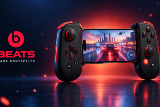 Manette de jeu mobile Beats pour iPhone 18 Pro, rendu concept : manette clip-on noire avec logo b Beats et iPhone docké
