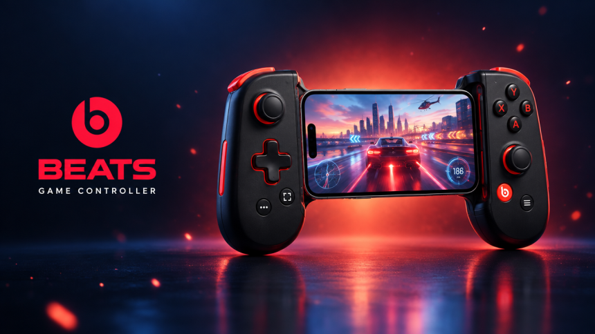 Manette de jeu mobile Beats pour iPhone 18 Pro, rendu concept : manette clip-on noire avec logo b Beats et iPhone docké