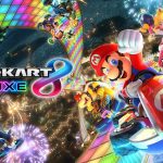Key art officiel de Mario Kart 8 Deluxe, Mario et les pilotes sur la Route Arc-en-ciel