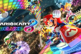 Key art officiel de Mario Kart 8 Deluxe, Mario et les pilotes sur la Route Arc-en-ciel
