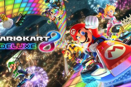 Key art officiel de Mario Kart 8 Deluxe, Mario et les pilotes sur la Route Arc-en-ciel