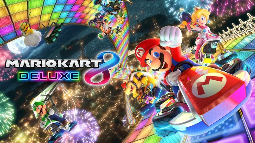 Key art officiel de Mario Kart 8 Deluxe, Mario et les pilotes sur la Route Arc-en-ciel