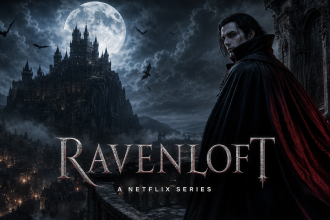 Affiche de la série Netflix Ravenloft, le vampire Strahd devant son château gothique