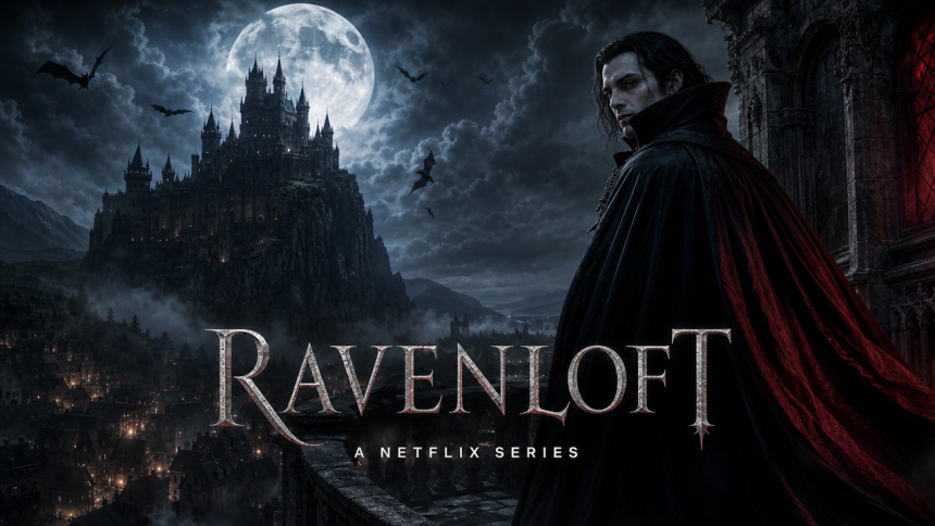 Affiche de la série Netflix Ravenloft, le vampire Strahd devant son château gothique