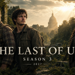 Affiche de la saison 3 de The Last of Us : trois survivants (Joey, Paco et Elizabeth) dans une ville envahie par la végétation, cast officiel HBO