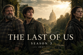 Affiche de la saison 3 de The Last of Us : trois survivants (Joey, Paco et Elizabeth) dans une ville envahie par la végétation, cast officiel HBO