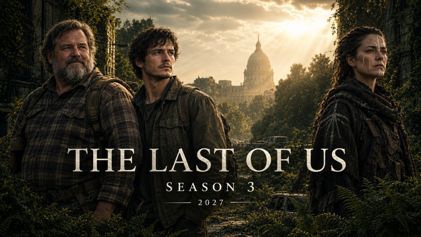 Affiche de la saison 3 de The Last of Us : trois survivants (Joey, Paco et Elizabeth) dans une ville envahie par la végétation, cast officiel HBO