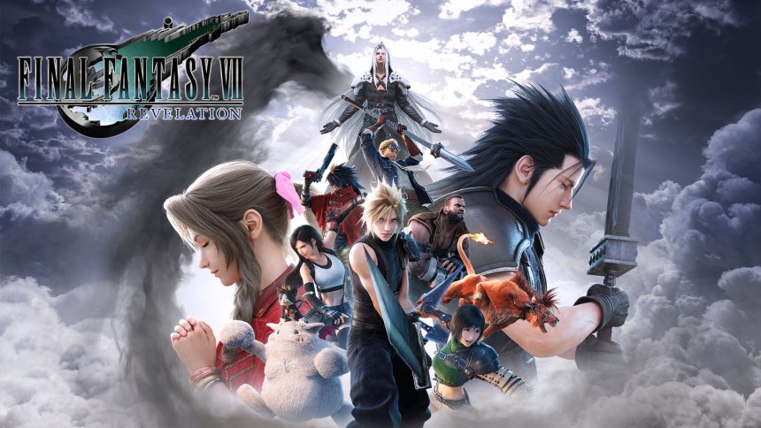 Key art officiel de Final Fantasy VII Revelation avec Cloud, Zack, Aerith et Sephiroth
