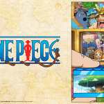 Key art officiel One Piece arc Elbaph : une main de géant assemble des blocs montrant l'équipage du chapeau de paille (Luffy, Nami, Sanji, Franky, Brook) et les géants de l'île, logo ONE PIECE