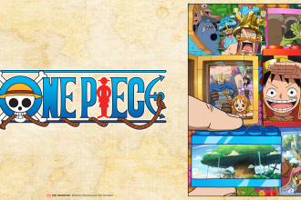 Key art officiel One Piece arc Elbaph : une main de géant assemble des blocs montrant l'équipage du chapeau de paille (Luffy, Nami, Sanji, Franky, Brook) et les géants de l'île, logo ONE PIECE