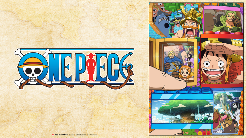 Key art officiel One Piece arc Elbaph : une main de géant assemble des blocs montrant l'équipage du chapeau de paille (Luffy, Nami, Sanji, Franky, Brook) et les géants de l'île, logo ONE PIECE