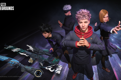 Key art officiel de la collaboration PUBG Battlegrounds x Jujutsu Kaisen avec Yuji Itadori, Megumi Fushiguro, Satoru Gojo et Nobara Kugisaki en avatars PUBG