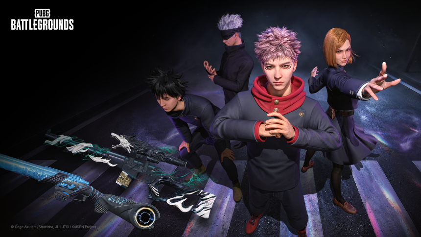 Key art officiel de la collaboration PUBG Battlegrounds x Jujutsu Kaisen avec Yuji Itadori, Megumi Fushiguro, Satoru Gojo et Nobara Kugisaki en avatars PUBG