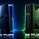 Concept face-off PS6 et Xbox Helix côte à côte, 40 TFLOPS contre 56 TFLOPS, rendu éditorial 16:9
