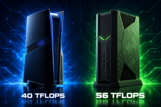 Concept face-off PS6 et Xbox Helix côte à côte, 40 TFLOPS contre 56 TFLOPS, rendu éditorial 16:9