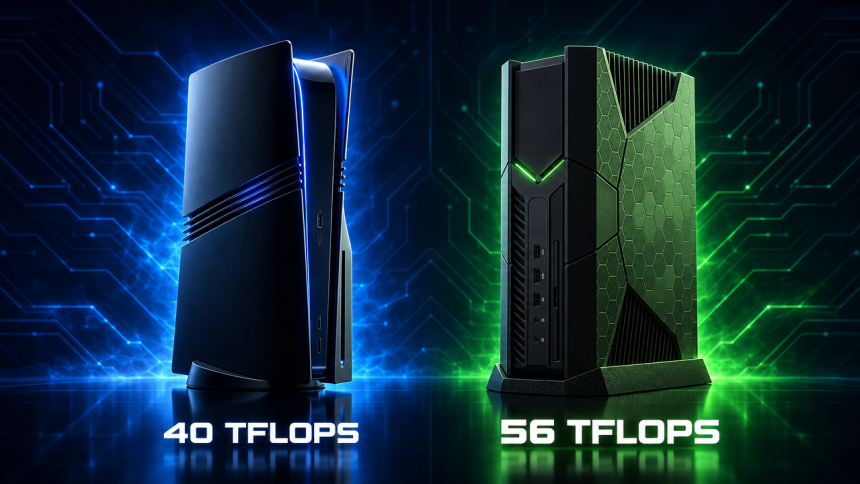 Concept face-off PS6 et Xbox Helix côte à côte, 40 TFLOPS contre 56 TFLOPS, rendu éditorial 16:9