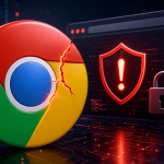 Logo Google Chrome fissuré avec bouclier d'alerte, faille zero-day CVE-2026-85046