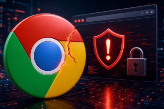Logo Google Chrome fissuré avec bouclier d'alerte, faille zero-day CVE-2026-85046