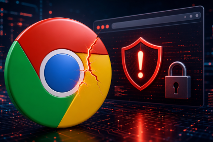 Logo Google Chrome fissuré avec bouclier d'alerte, faille zero-day CVE-2026-85046
