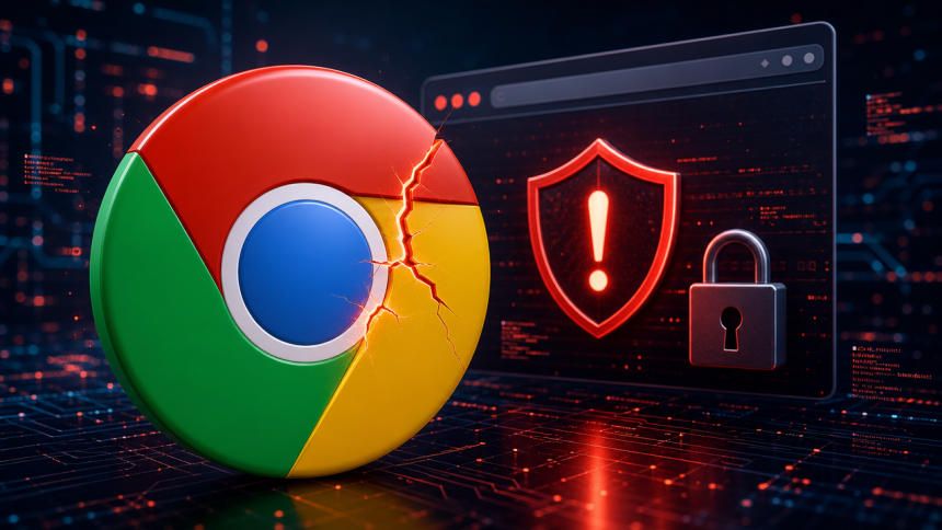 Logo Google Chrome fissuré avec bouclier d'alerte, faille zero-day CVE-2026-85046
