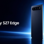 Samsung Galaxy S27 Edge, rendu concept ultra-fin avec barre de caméra triple, fond bleu Samsung