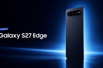 Samsung Galaxy S27 Edge, rendu concept ultra-fin avec barre de caméra triple, fond bleu Samsung