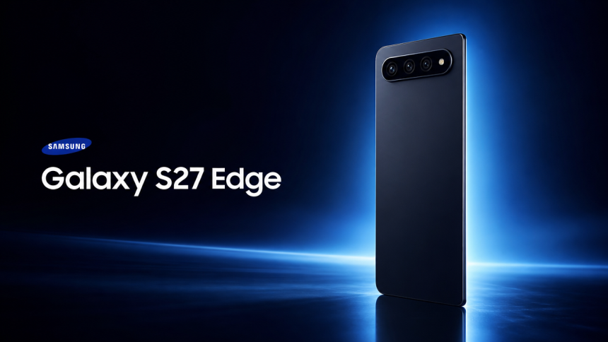 Samsung Galaxy S27 Edge, rendu concept ultra-fin avec barre de caméra triple, fond bleu Samsung