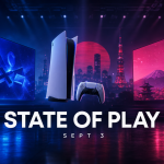 Concept State of Play double bill de Sony le 3 septembre 2026, veille du TGS : deux écrans (PlayStation bleu et édition Japan magenta), PS5 et DualSense, ciel de Tokyo