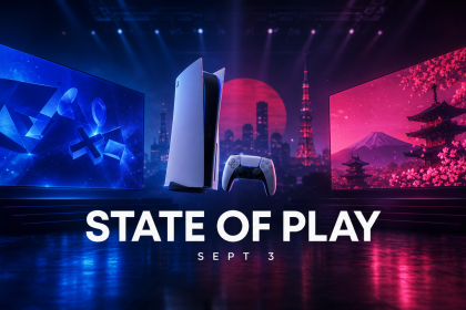 Concept State of Play double bill de Sony le 3 septembre 2026, veille du TGS : deux écrans (PlayStation bleu et édition Japan magenta), PS5 et DualSense, ciel de Tokyo