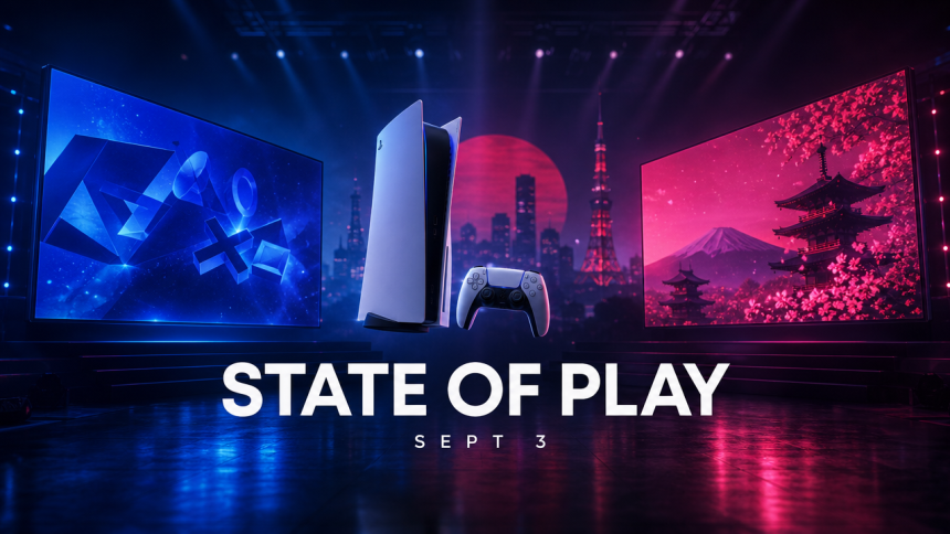 Concept State of Play double bill de Sony le 3 septembre 2026, veille du TGS : deux écrans (PlayStation bleu et édition Japan magenta), PS5 et DualSense, ciel de Tokyo