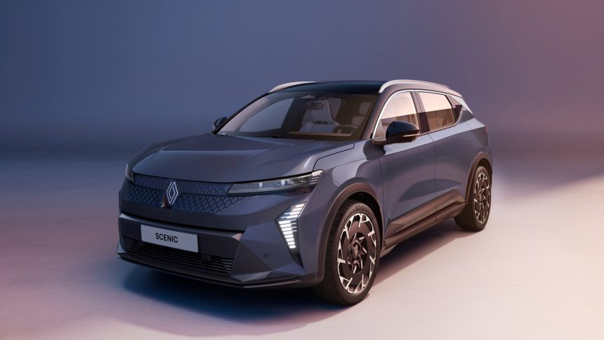 Renault Scenic E-Tech Electric 2026, vue trois-quarts avant en studio
