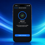 iPhone 18 Pro affichant l'écran Mis à jour logicielle avec iOS 27 téléchargé, prêt à corriger le bug Face ID, sur fond de vagues colorées iOS