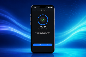 iPhone 18 Pro affichant l'écran Mis à jour logicielle avec iOS 27 téléchargé, prêt à corriger le bug Face ID, sur fond de vagues colorées iOS