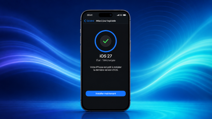 iPhone 18 Pro affichant l'écran Mis à jour logicielle avec iOS 27 téléchargé, prêt à corriger le bug Face ID, sur fond de vagues colorées iOS