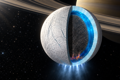 Encelade, lune de Saturne, en coupe révélant son océan souterrain global et ses geysers du pôle sud
