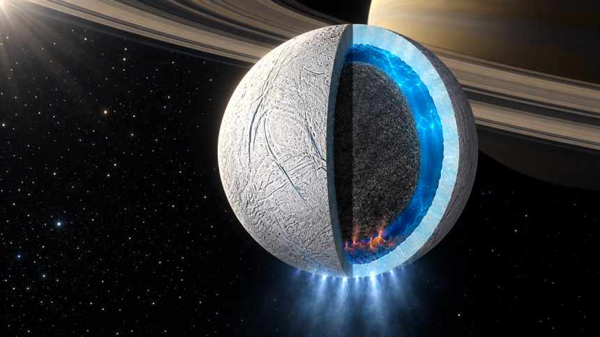 Encelade, lune de Saturne, en coupe révélant son océan souterrain global et ses geysers du pôle sud