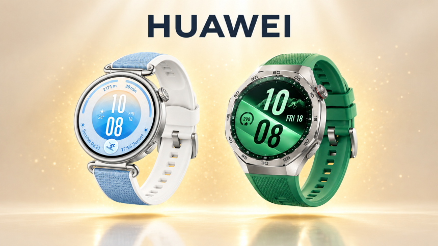 Huawei Watch GT 7 et GT 7 Pro, mise en valeur premium sans badge, fond clair crème et halo ambré