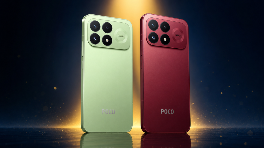 Poco F9 Pro (Aurora Green) et Poco F9 Ultra (Dark Cherry), visuel de lancement généré