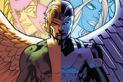 Art officiel Marvel montrant Angel (Warren Worthington III) aux ailes blanches et sa forme Archangel aux ailes métalliques, pour le casting d'Asa Germann dans le reboot X-Men