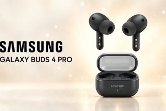 Samsung Galaxy Buds 4 Pro noires au-dessus de leur boîtier de charge officiel gravé SAMSUNG
