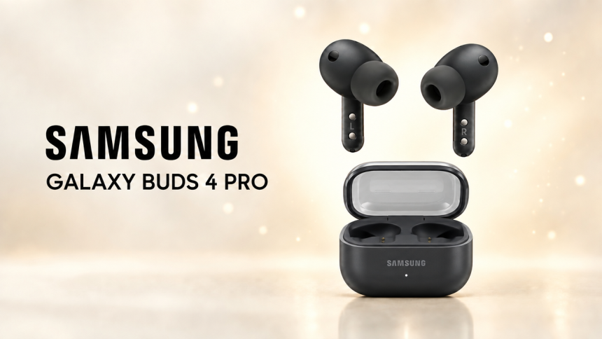 Samsung Galaxy Buds 4 Pro noires au-dessus de leur boîtier de charge officiel gravé SAMSUNG