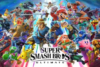 Key art officiel de Super Smash Bros. Ultimate, roster complet des combattants autour du logo Super Smash Bros