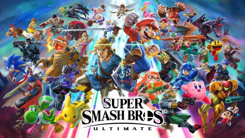 Key art officiel de Super Smash Bros. Ultimate, roster complet des combattants autour du logo Super Smash Bros
