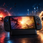 Concept artistique évoquant un nouveau Super Smash Bros et le retour de Nintendogs sur Switch 2 : console au centre, combat à gauche, chiot à droite