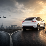 Concept Tesla en Europe : Model Y blanc sur une route qui se divise, skyline européenne (Big Ben, Tour Eiffel, Porte de Brandebourg) et wordmark TESLA, illustrant des ventes à deux vitesses selon les pays