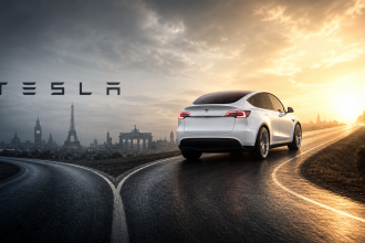 Concept Tesla en Europe : Model Y blanc sur une route qui se divise, skyline européenne (Big Ben, Tour Eiffel, Porte de Brandebourg) et wordmark TESLA, illustrant des ventes à deux vitesses selon les pays