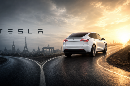 Concept Tesla en Europe : Model Y blanc sur une route qui se divise, skyline européenne (Big Ben, Tour Eiffel, Porte de Brandebourg) et wordmark TESLA, illustrant des ventes à deux vitesses selon les pays