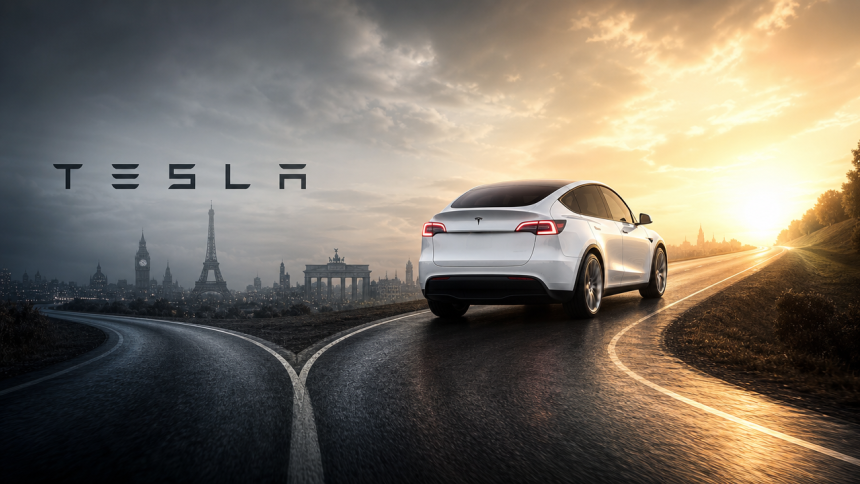 Concept Tesla en Europe : Model Y blanc sur une route qui se divise, skyline européenne (Big Ben, Tour Eiffel, Porte de Brandebourg) et wordmark TESLA, illustrant des ventes à deux vitesses selon les pays