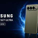 Samsung Galaxy S27 Ultra, rendu concept avec charge rapide 60 W, câble USB-C, fond bleu nuit avec arcs électriques